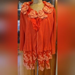 Vintage Lace Dress with Jeweled Zipper and Fabric Flowers Large